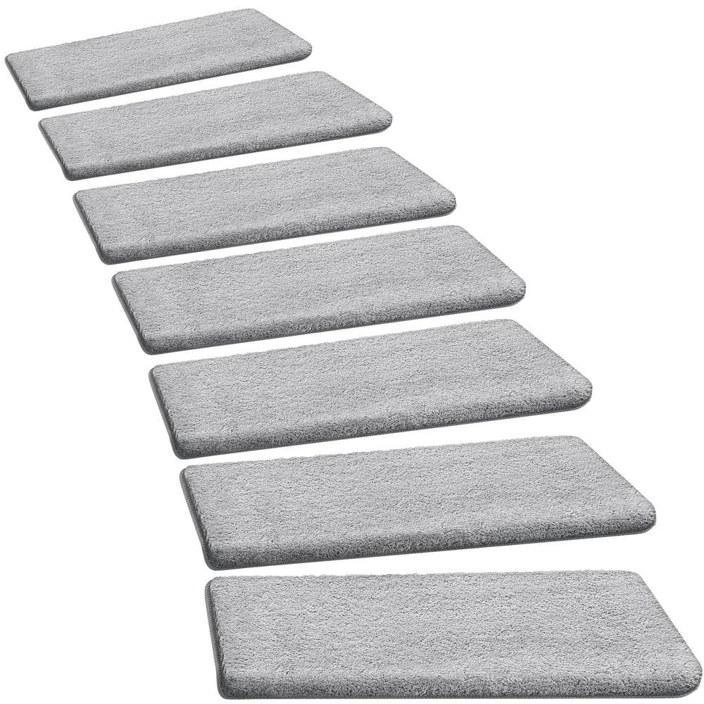 PURE ERA Bullnose Soft Plush Carpet Stair Treads Wooden Steps Rugs Self Adhesive Non-slip 9.5" x 30"x1.2" (Set of 7, Gray)