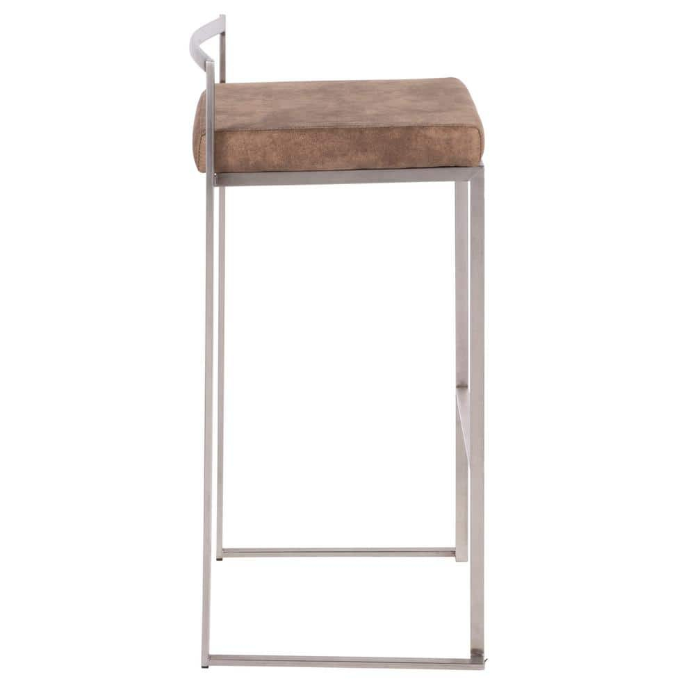 Fuji Contemporary Stackable Barstool in Stainless Steel with Brown Cowboy Fabric Cushion by LumiSource - Set of 2