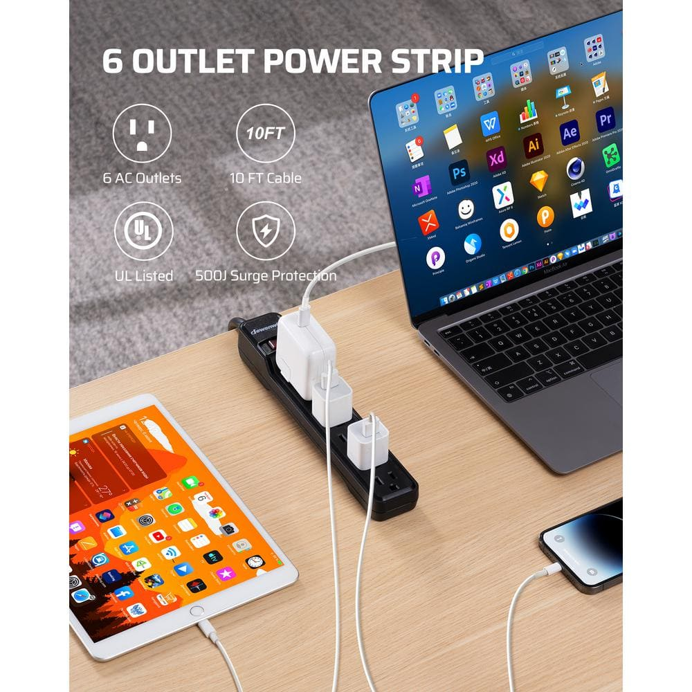 DEWENWILS 6-Outlet Power Strip Surge Protector with 10 Foot Long Extension Cord, Low Profile Flat Plug, 15 Amp Circuit Breaker, 500 Joules, Wall Mount, UL Listed, Black