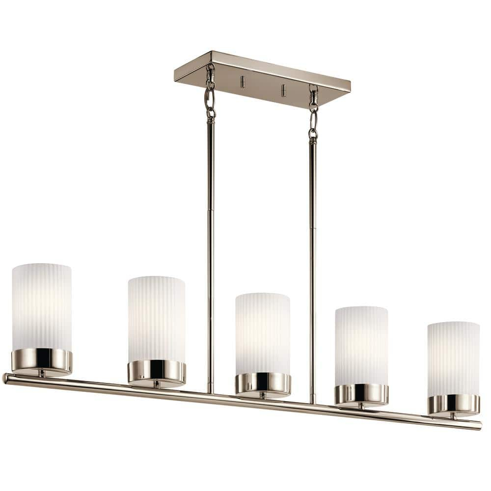 Polished Nickel and Brass 5-Light Linear Chandelier with Ribbed Glass Shades