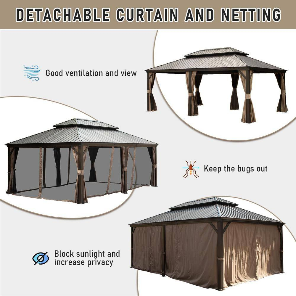 24 ft x 14 ft Brown Metal Hardtop Patio Gazebo
