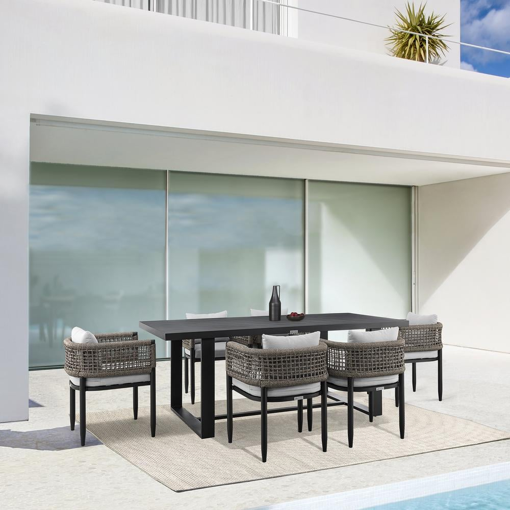 Felicia Outdoor Patio 7-Piece Dining Table Set in Aluminum with Grey Rope and Cushions