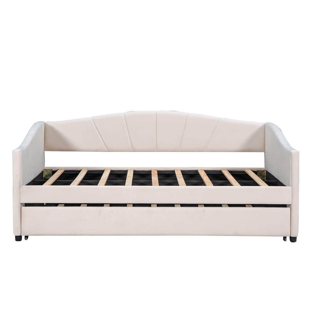 Upholstered Daybed with Trundle, Modern Twin Size Tufted Velvet Upholstered Daybed Frame with Wood Slat Support, Dual-use Platform Bed Sofa Bed with Wingback and Armrests for Living Room Bedroom Beige