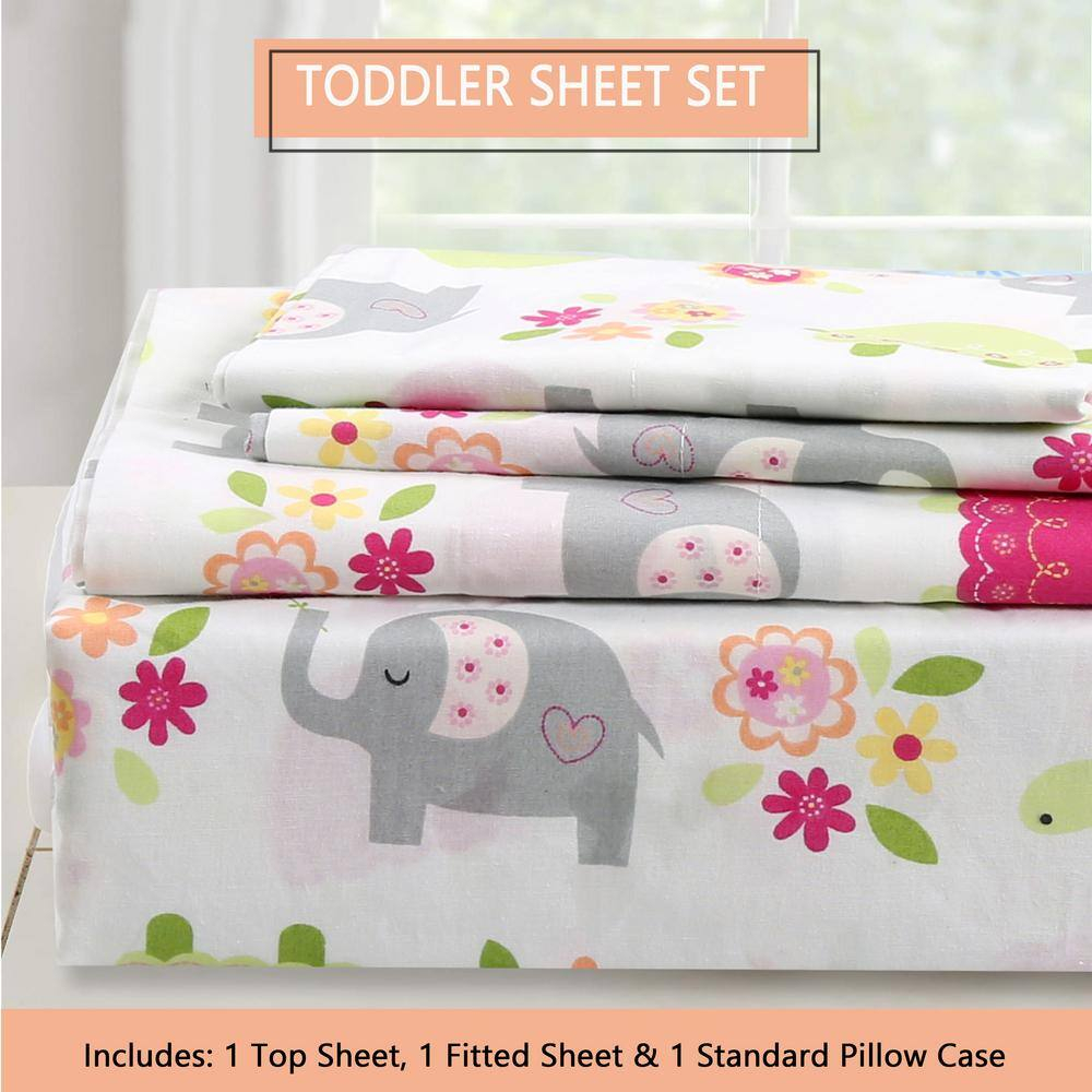 Sweet Floral Friends Baby Elephant Turtle 3 Piece White Pink Grey Cotton Toddler Sheet Set