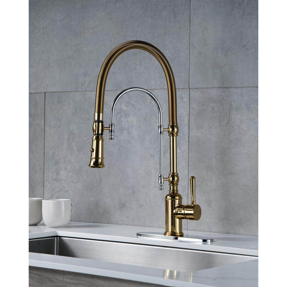 Wowow 20.7 in.Single Handle Convenient Pull Down Sprayer Kitchen Faucet in Gold and Chrome with Soap Dispenser