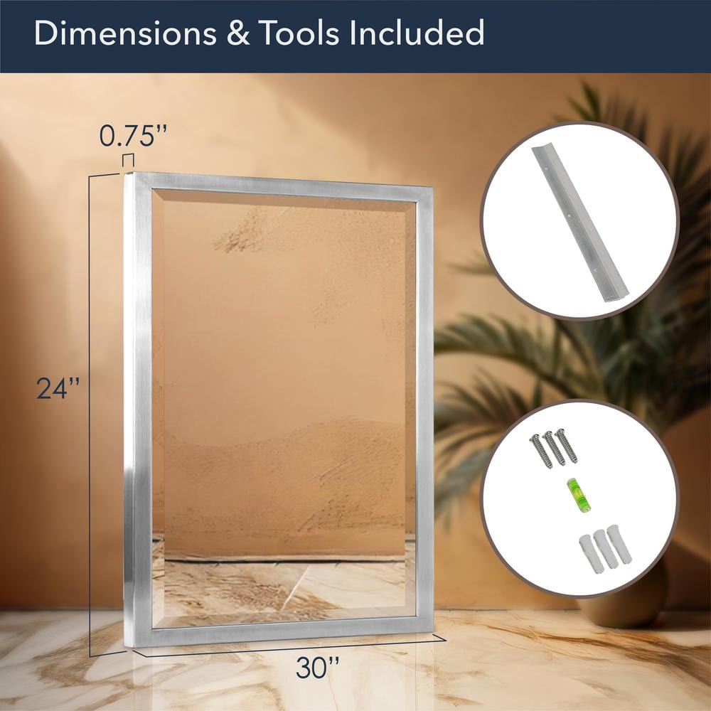 Head West Stainless Steel Frame Brushed Nickel Rectangle Bathroom Mirror, Z-Bar Bracket - 24" x 30"