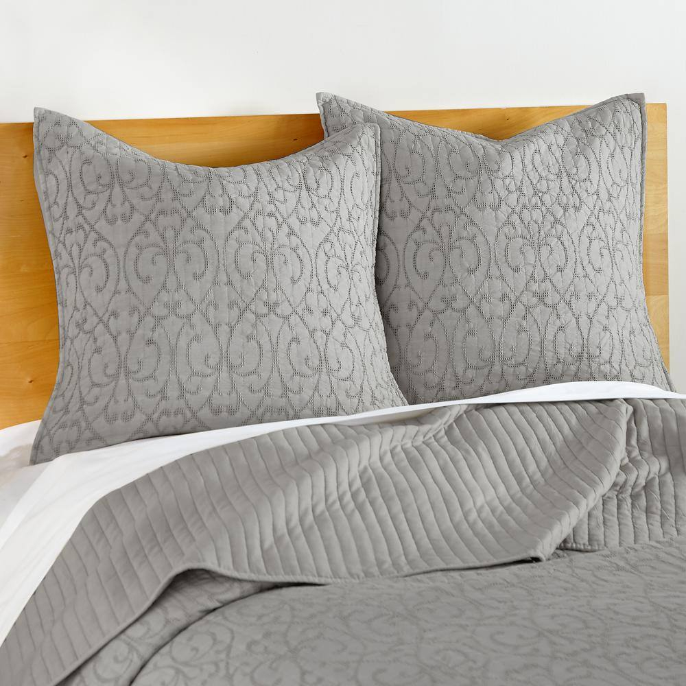 Homthreads - Beckett Two Euro Pillow Shams - Microfiber Jacquard - Damask Scroll - Silver Grey - Euro Size (26 x 26in.) and Pillow Sham Size