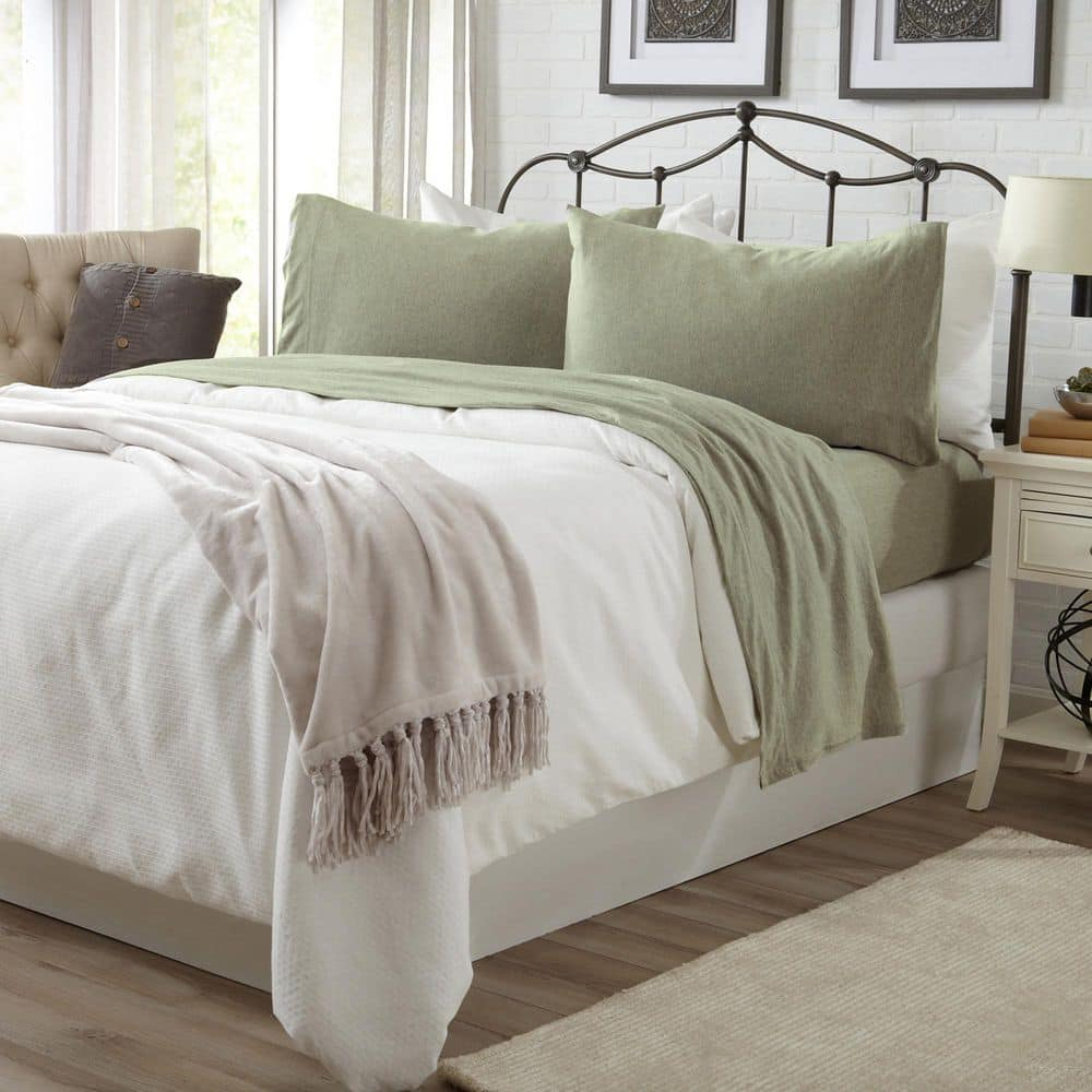 Heathered Eucalyptus Green Cotton Blend Twin Jersey Sheet Set