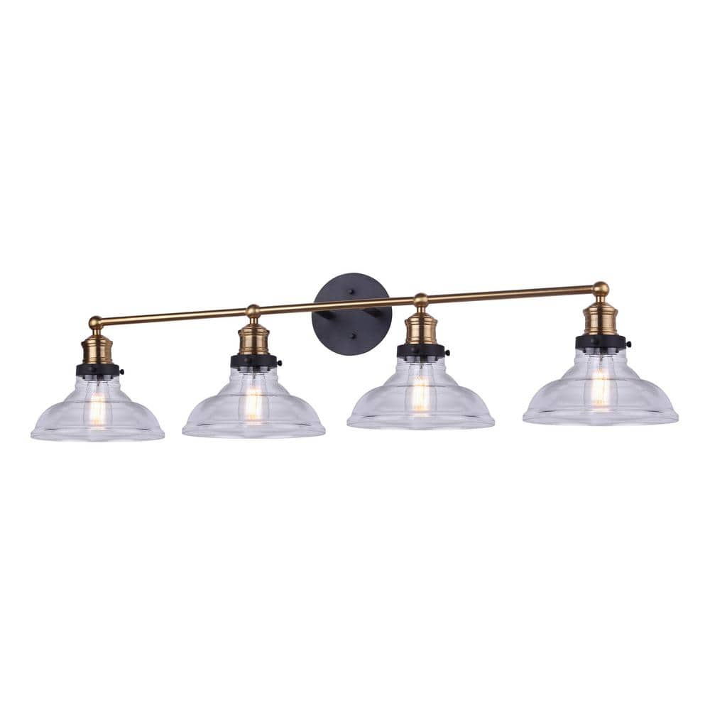 LORA Modern Farmhouse Vanity Light – 4-Light Industrial Bathroom Fixture, Matte Black & Gold Finish, Clear Glass Shades, 100W Type A, 38.5" Wide Over Mirror Wall Sconce
