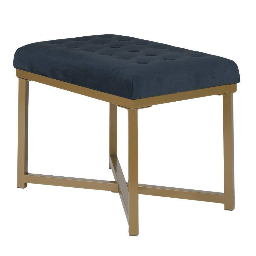 Benzara BM196046 Metal Framed Bench with Button Tufted Velvet Upholstered Seat, Dark Blue & Gold