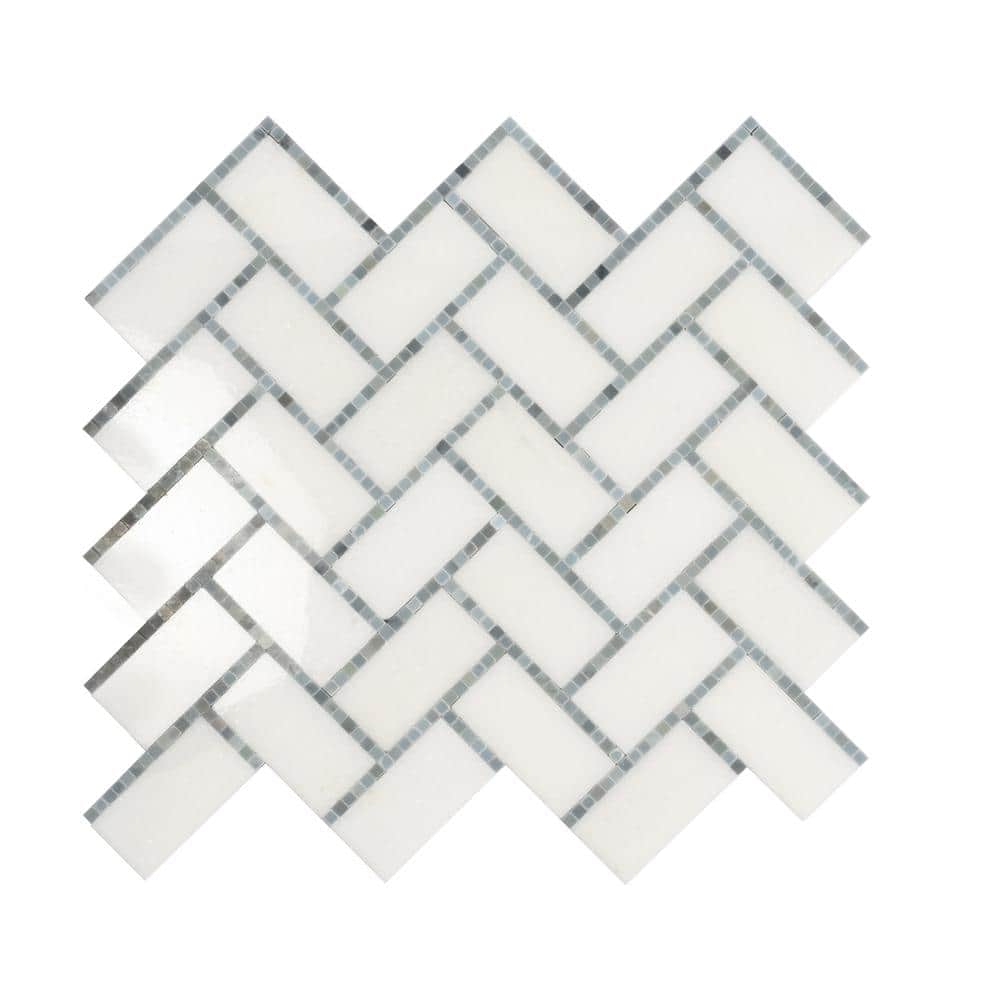 5 pack White and Gray 9.8 in. x 10.8 in. Polished Herringbone Marble Mosaic Floor and Wall Tile (3.68 sq. ft./Case)
