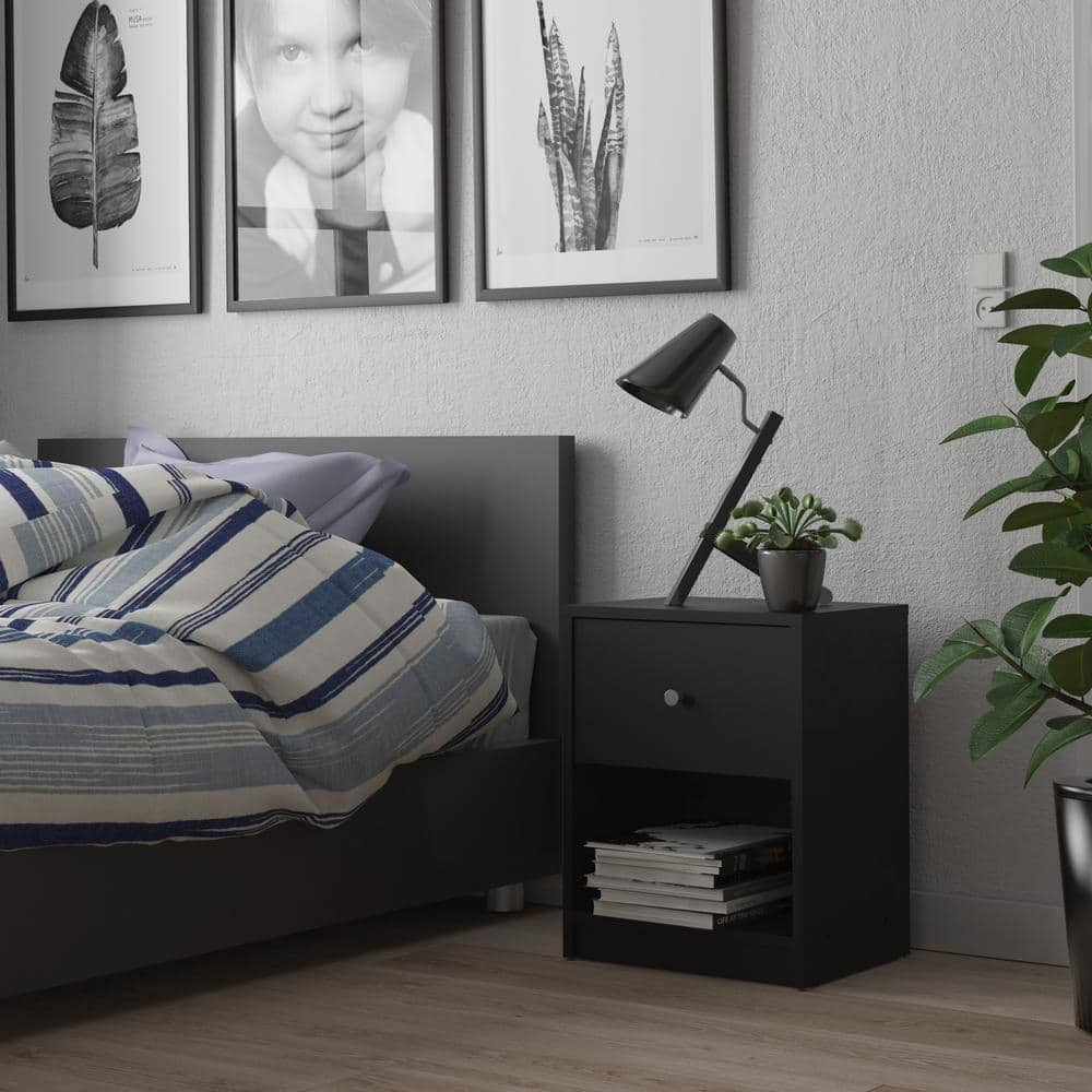 Tvilum Studio 1 Drawer and 1 Shelf Bedroom Nightstand for Adults, Black