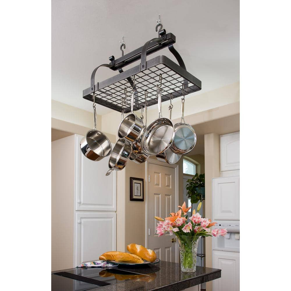 Hammered Steel Classic Rectangle Ceiling Pot Rack with Grid