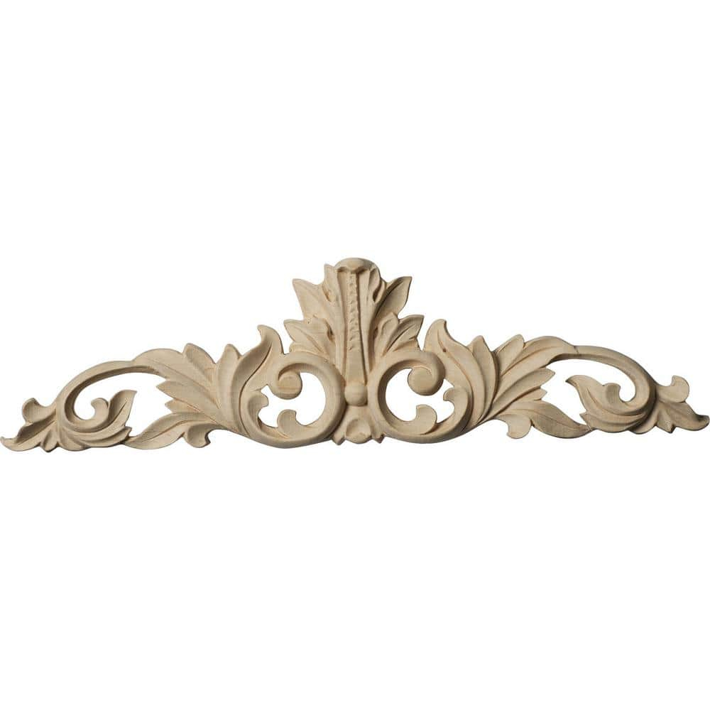 Ekena Millwork 12 1/4"W x 3 1/4"H x 1/4"D Small Green Leaf Center with Scrolls, Alder