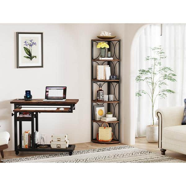67 in. Tall Rustic Brown Engineered Wood 6-Shelf Corner Bookcase for Living Room, Small Space