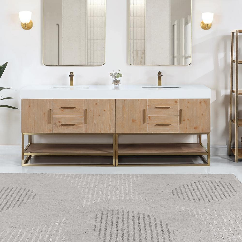 Bianco 84" Wood Vanity in Light Brown with  Composite Stone Top without Mirror