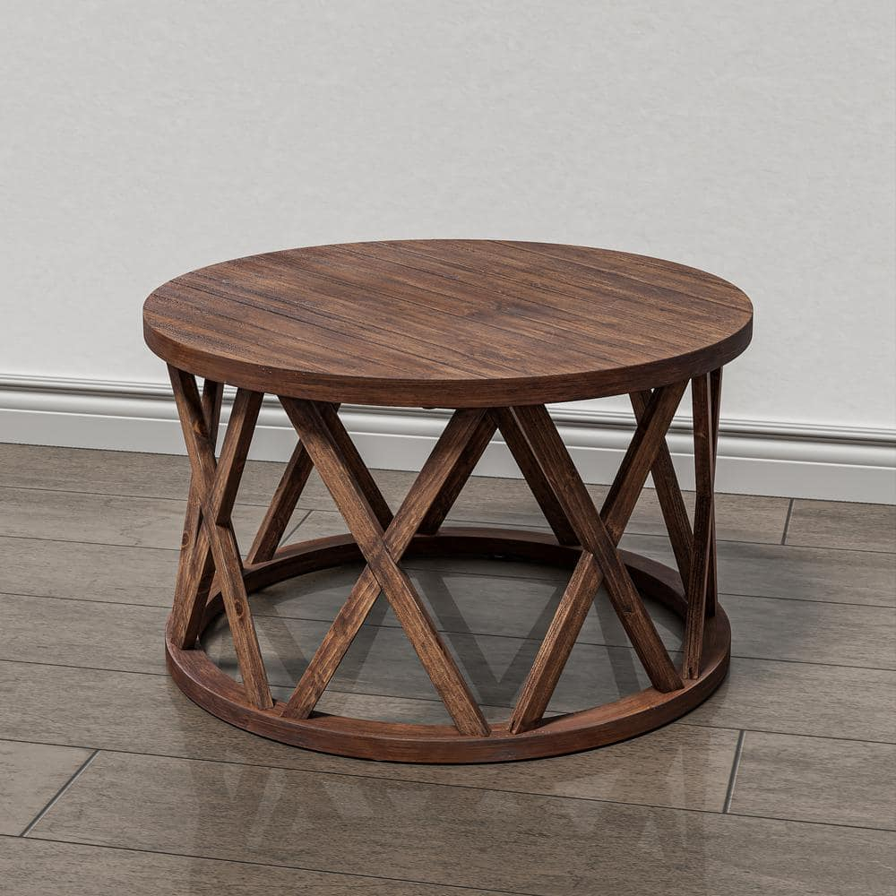 COZAYH Farmhouse Coffee Table, Rustic Round Coffee Table with X-Motifs Legs, Wood Textured Top, for Boho, French Country Decor, Brown