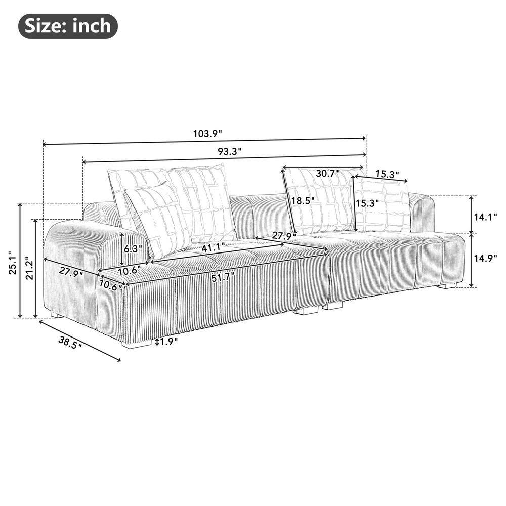 103.9" Modern Couch, Corduroy Fabric Comfy Deep Seat Sofa with Rubber Wood Legs, 4 Tossing Pillows for Living Room, Bedroom, Apartment, Dorm, Black
