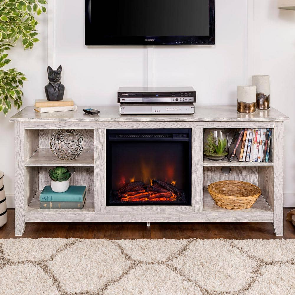 Walker Edison Wren Classic 4 Cubby Fireplace TV Stand for TVs up to 65 Inches, 58 Inch, White Wash