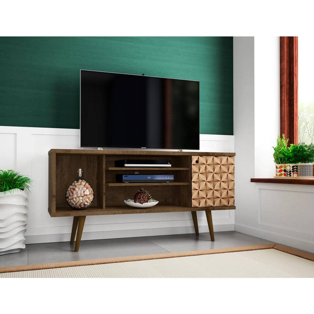 Liberty 53.14" Mid-Century Modern TV Stand with 5 Shelves and 1 Door  with Solid Wood Legs
