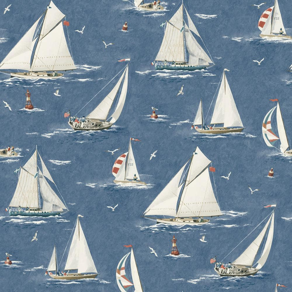Navy Blue Sailboat Pre-Pasted Washable Wallpaper