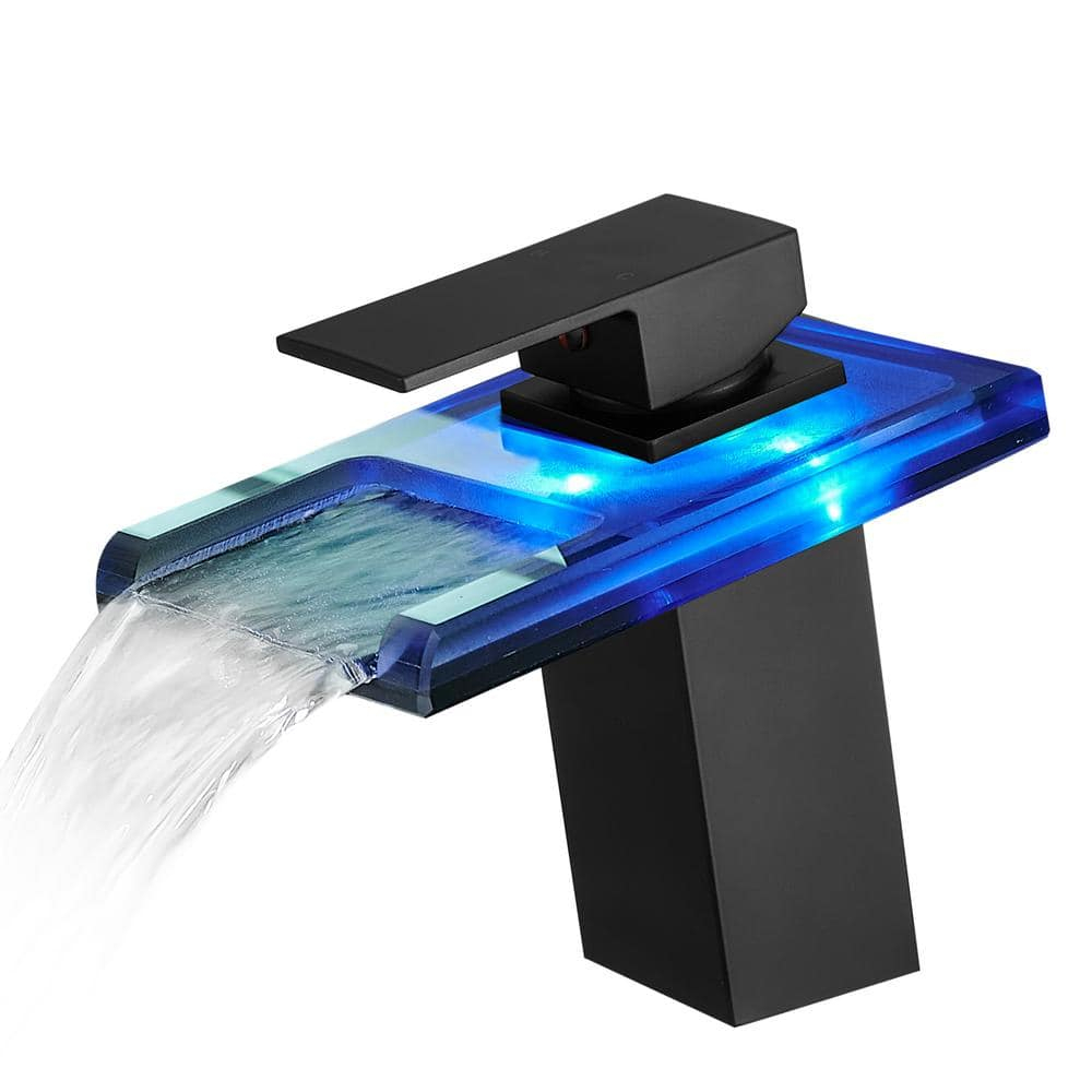 LED Bathroom Sink Faucet, Matte Black Waterfall Single Handle Vanity Faucets for Sinks 1 Hole with Metal Pop Up Drain and 2 Water Supply Lines, Open Glass Spout