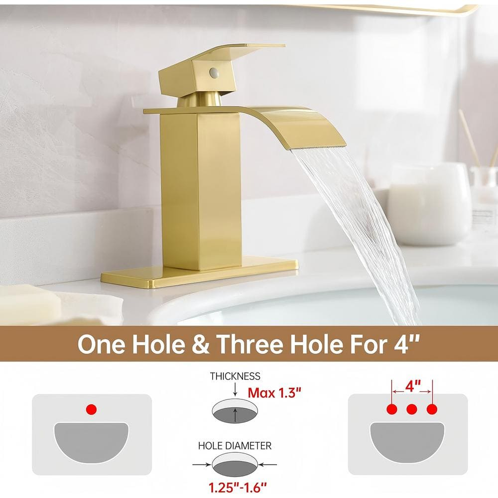 Single Handle Waterfall Spout Single Hole Bathroom Faucet with Deckplate Included and Drain in Brushed Gold