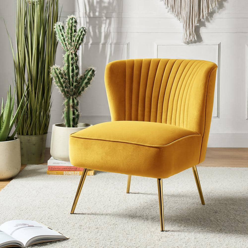 Comfy Velvet Accent Chair Transitional Armless Side Chair Gold Leg Vanity Living Room Adult Mustard