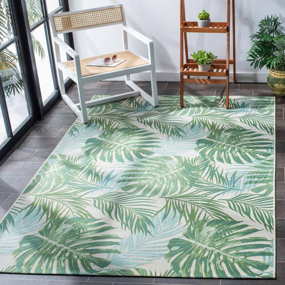 Barbados Green and Teal Tropical Botanical Square Indoor/Outdoor Rug