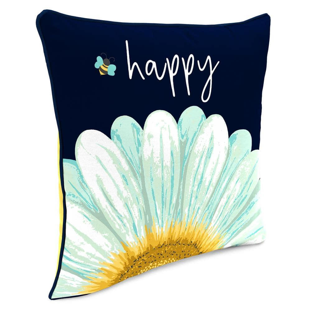 Jordan Manufacturing 16" x 16" Bee Happy Daisy Navy Novelty and Yellow Solid Reversible Square Outdoor Throw Pillow with Welt