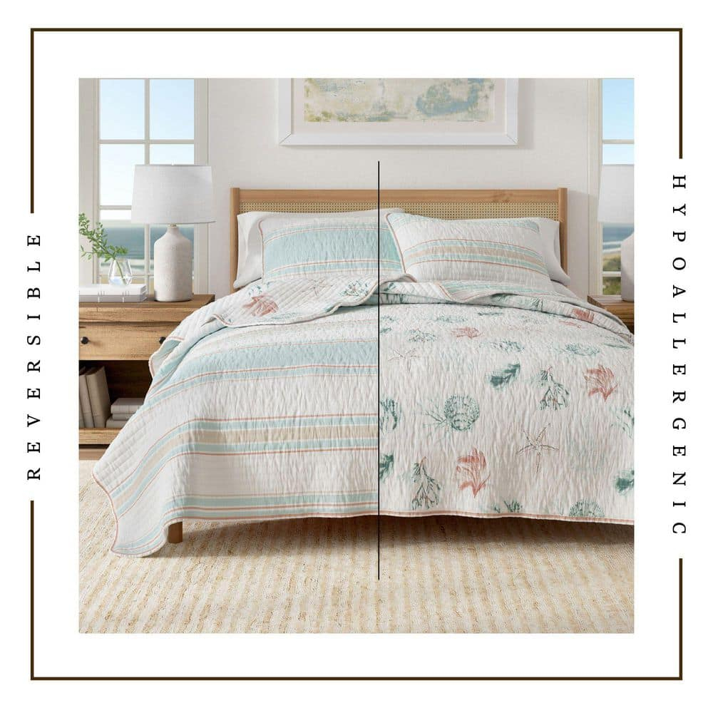 Blue Reversible Coastal Stripe 2-Piece Twin / Twin XL Cotton Quilt Bedding Set