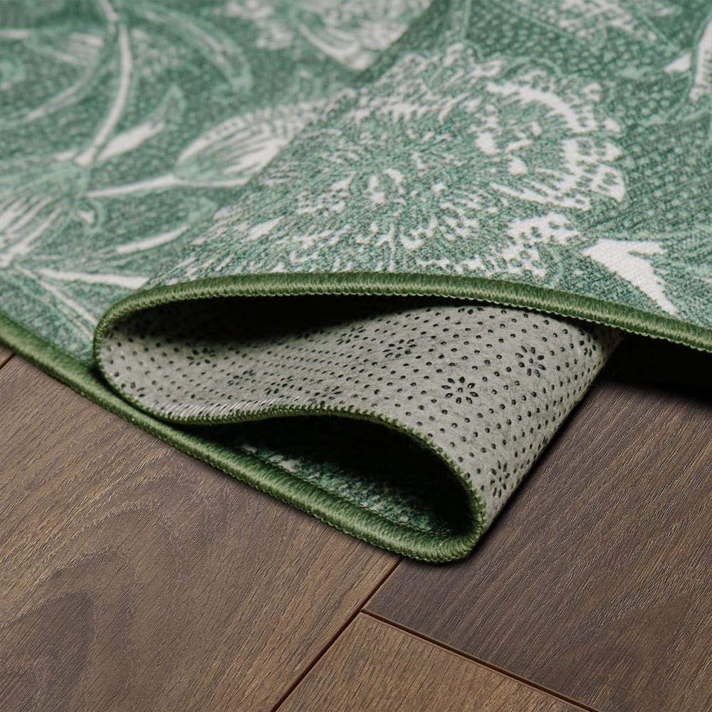 Kalini Green Floral Round Washable Synthetic Area Rug