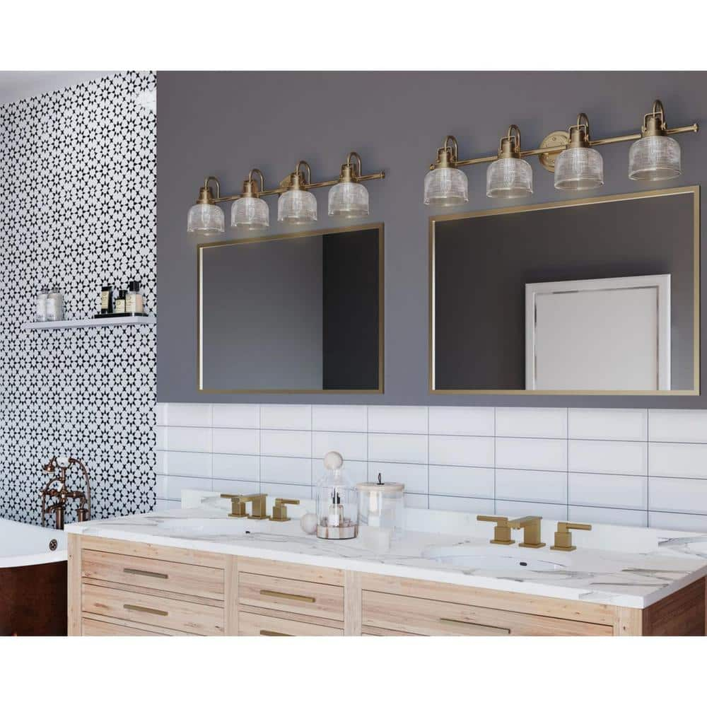 Archie Collection Four-Light Vintage Brass Clear Double Prismatic Glass Coastal Bath Vanity Light
