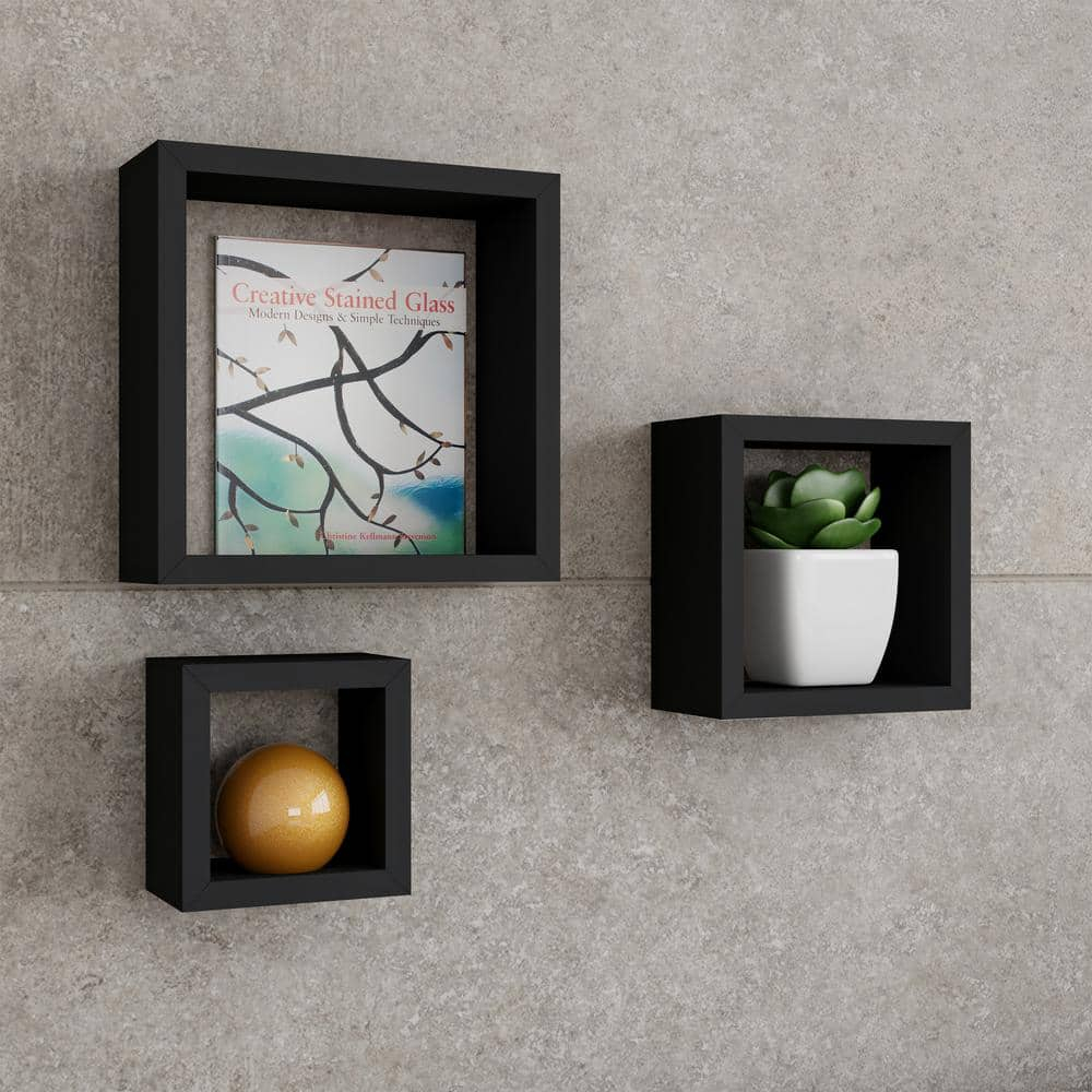 Floating Shelves- Cube Wall Shelf Set with Hidden Brackets, 3 Sizes to Display Decor, Books, Photos, More- Hardware Included by Lavish Home (Black)
