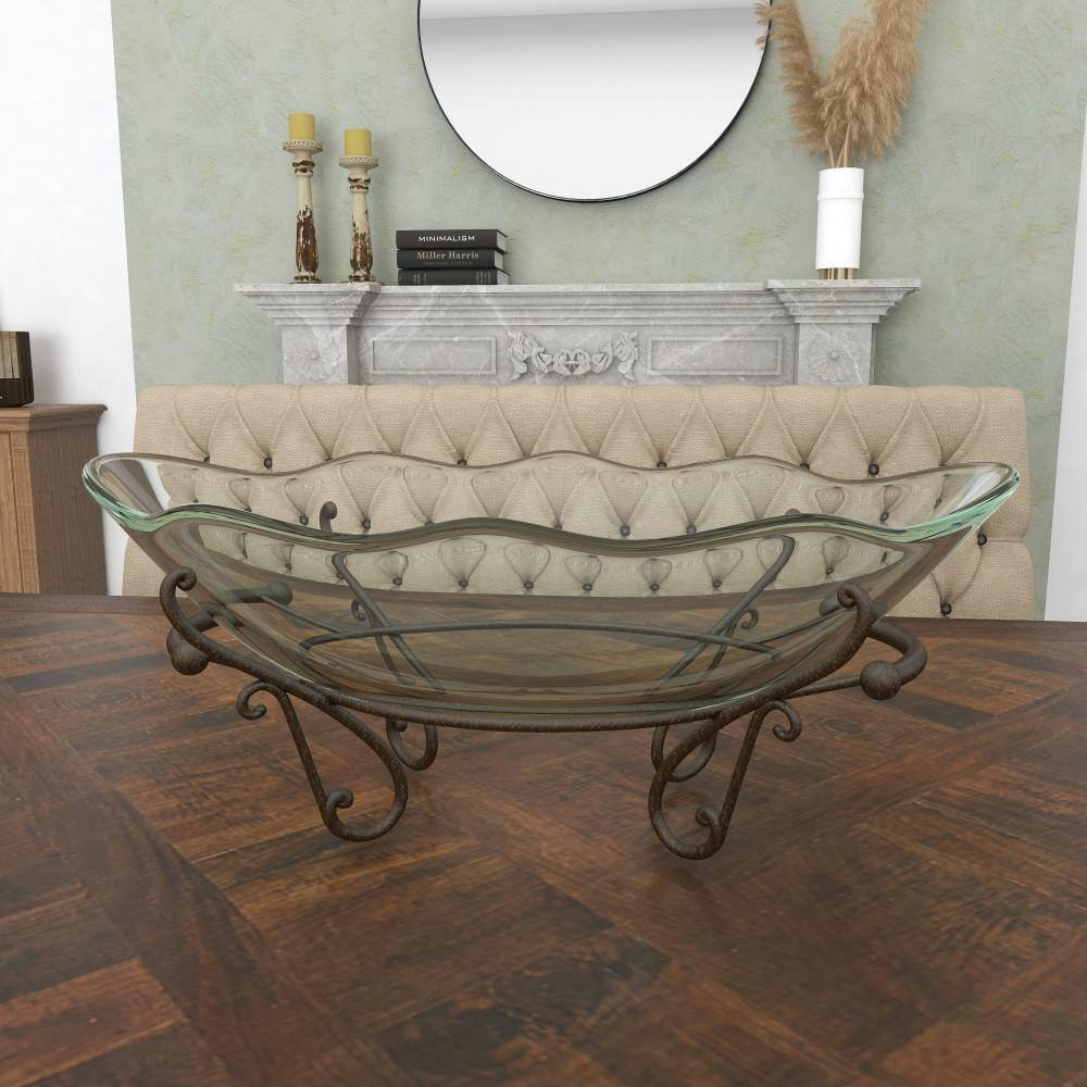 DecMode 23" x 9" Clear Tempered Glass Kitchen Serving Bowl with Brown Metal Scroll Base, 1-Piece