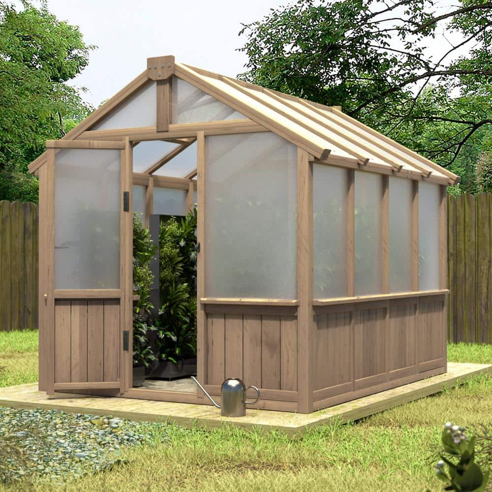 VEIKOUS 8'x6' Outdoor Cedar Wood Greenhouse w/ Lockable Door & Adjustable Window for Patio