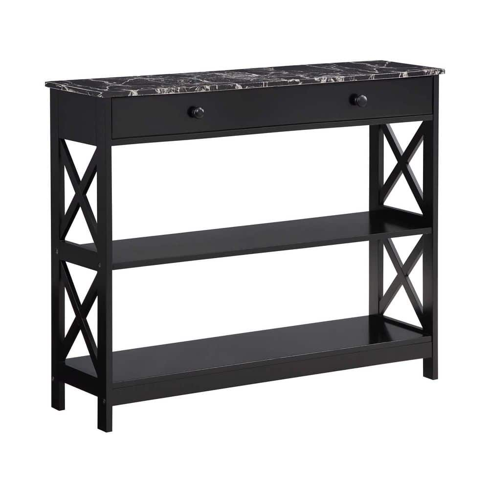 TiaGOC 1 Drawer Console Table with Shelves, Black Faux Marble/Black