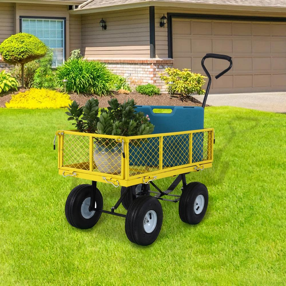 Yellow Steel Mesh Garden Cart with Pneumatic Tires and Removable Sides