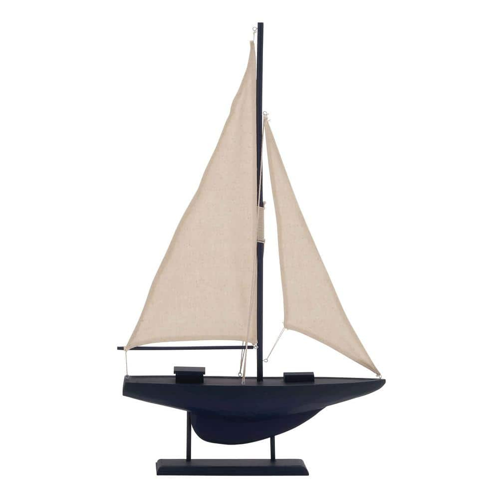 17" x 28" Dark Blue Wood Sail Boat Sculpture with Lifelike Rigging, by DecMode
