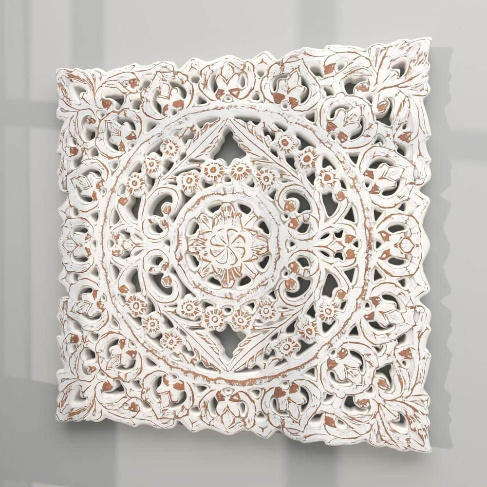 DecMode Traditional Wood Square White Handmade Wall Décor with Carved Mandala Design, 36"W x 36"H