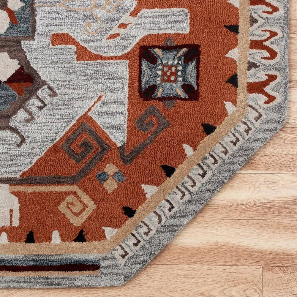 Ox Bay Terracotta Textile Southwestern Shape Rug, 6 ft. Octagon, Terracotta / Gray