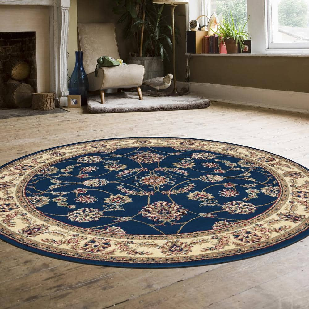 Radici Usa Como Area Rug 1596 Navy Vines Leaves 5' 3" x 5' 3" Round