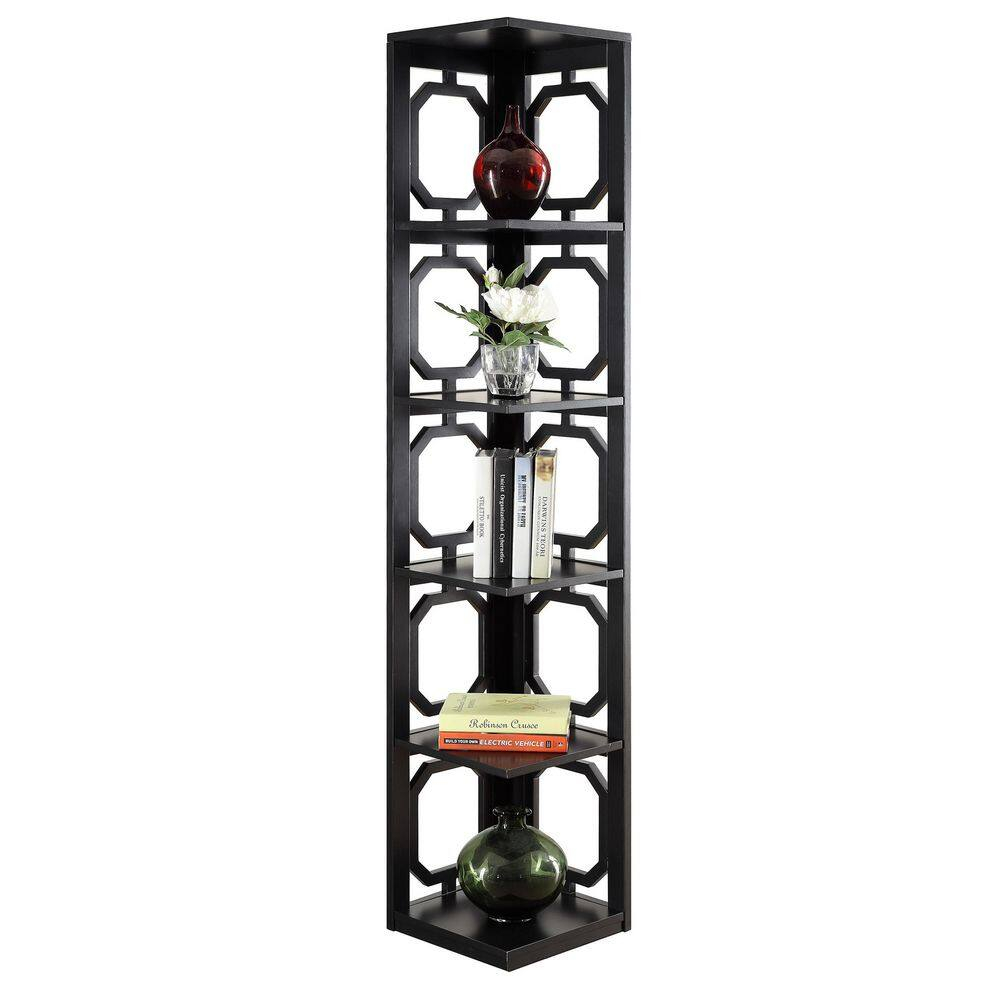 Convenience Concepts Omega Five-Shelf Corner Bookcase in Black Wood Finish