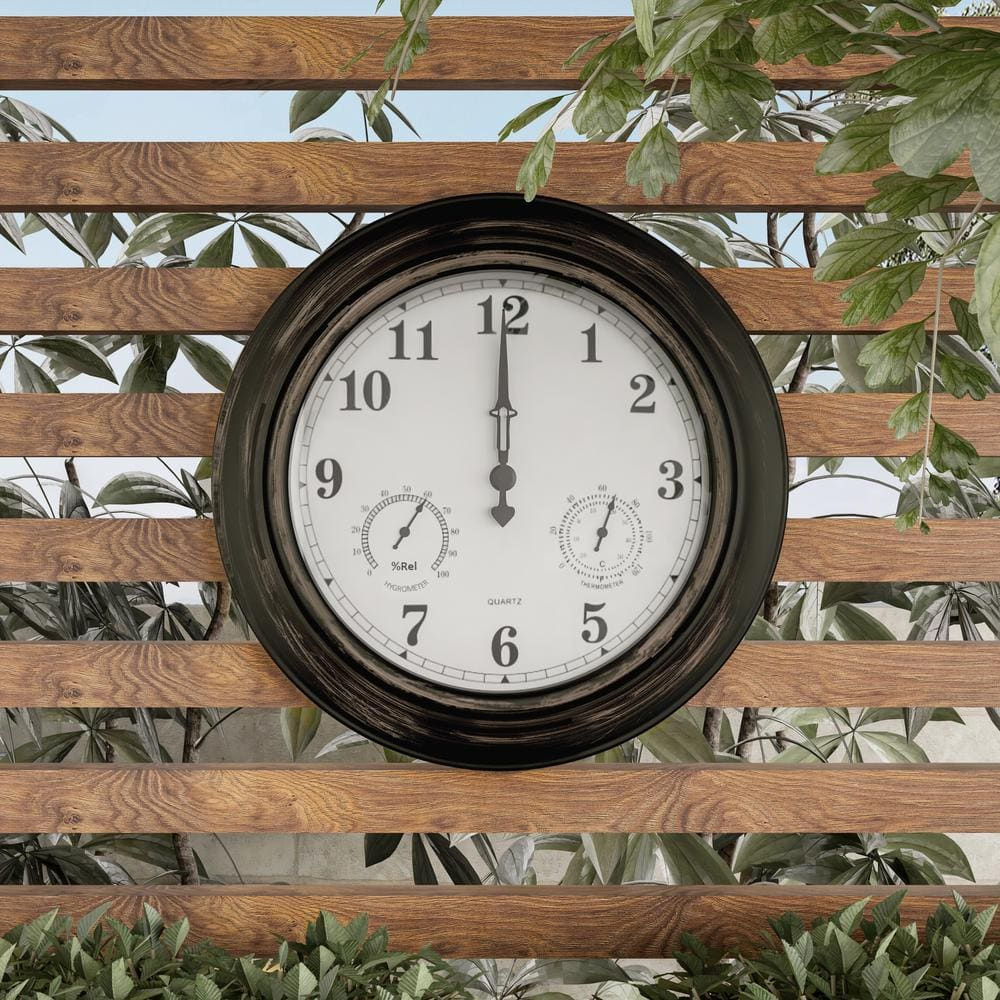Pure Garden 18” Outdoor Clock with Thermometer & Hygrometer – Waterproof Wall Clock, Bronze Finish