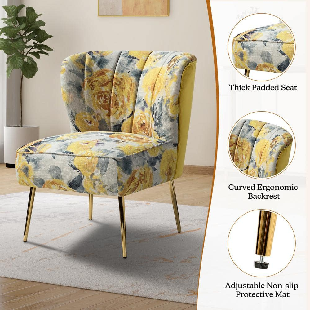 Contemporary Upholstery Accent Chair Metal Base Tufted Back Elegant Pattern seat Home Living Room Bedroom Yellow