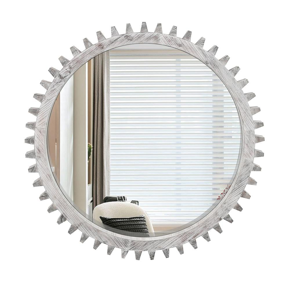 17 Stories Vintage 34'' X 34'' Wood Round Hanging Gear Shape Heavy Decorative Mirror For Bathroom Living Room Entryway Or Put Together To Your Liking
