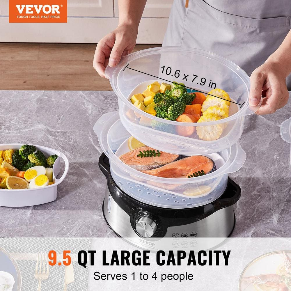 Black 9.5 Qt Electric Food Steamer with 3 Stackable Trays