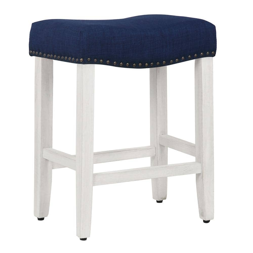 Polytrends Jameson Upholstered Polyester Antique White 24 Inch Counter Stool Antique White/Navy Blue Wood Wood Footrest Foam Modern & Contemporary