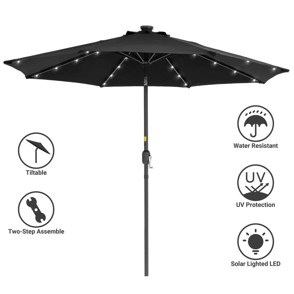 9 ft. Solar Lighted LED Outdoor Patio Market Table Umbrella in Black, UV-Resistant Canopy and Tilt Button