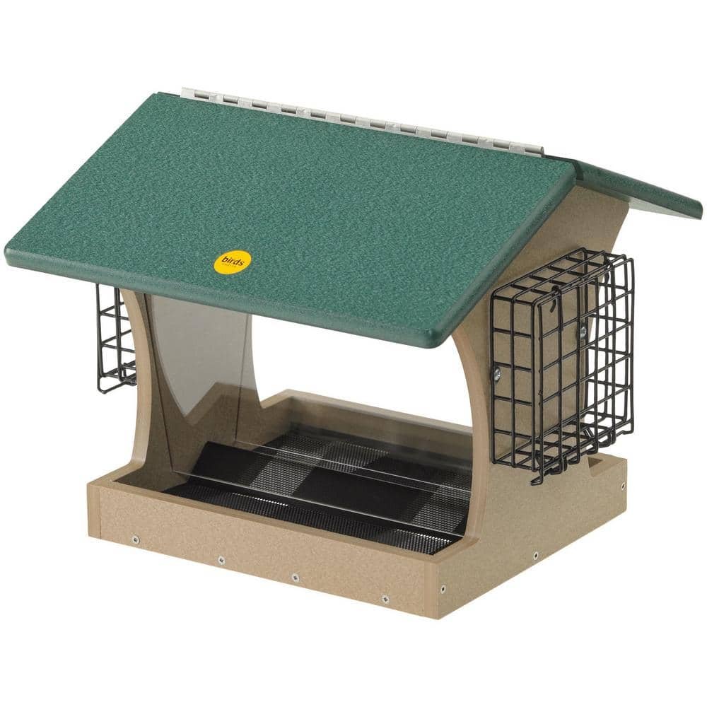 Large Green and Taupe Recycled Plastic Hopper Feeder with Suet Cages